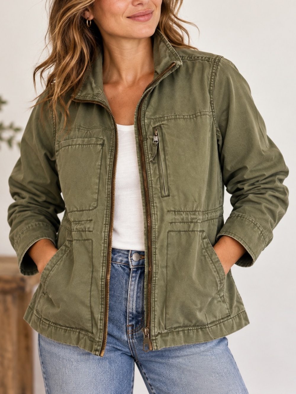Madewell Olive Green Utility Jacket Zip Front Military Style Lightweight